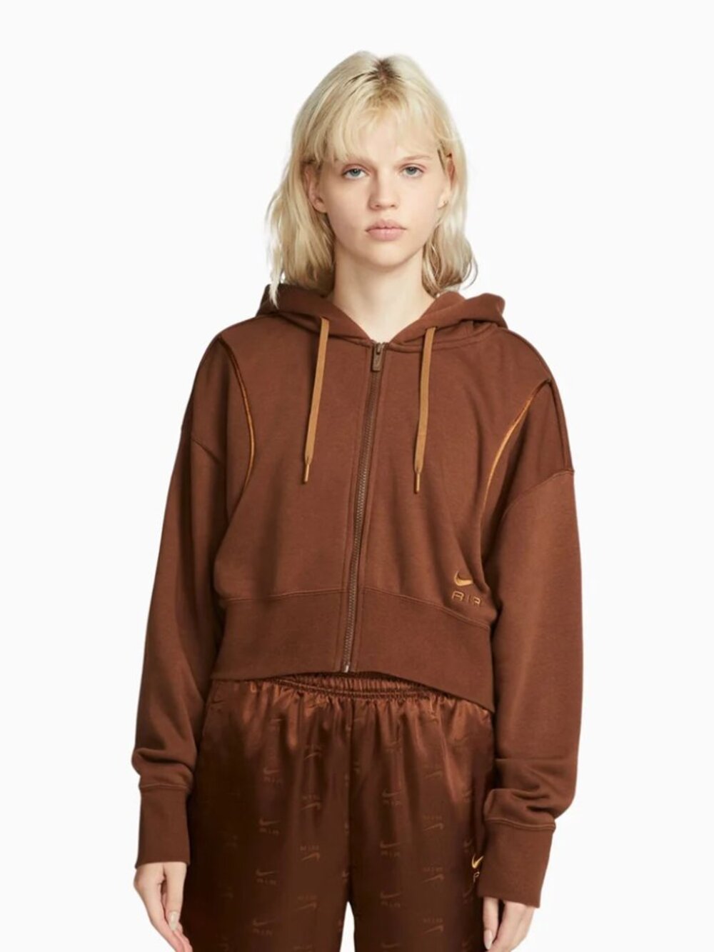 Nike Air Women's Cacao Wow Ale Brown Full-Zip Cropped Fleece Hoodie Size M